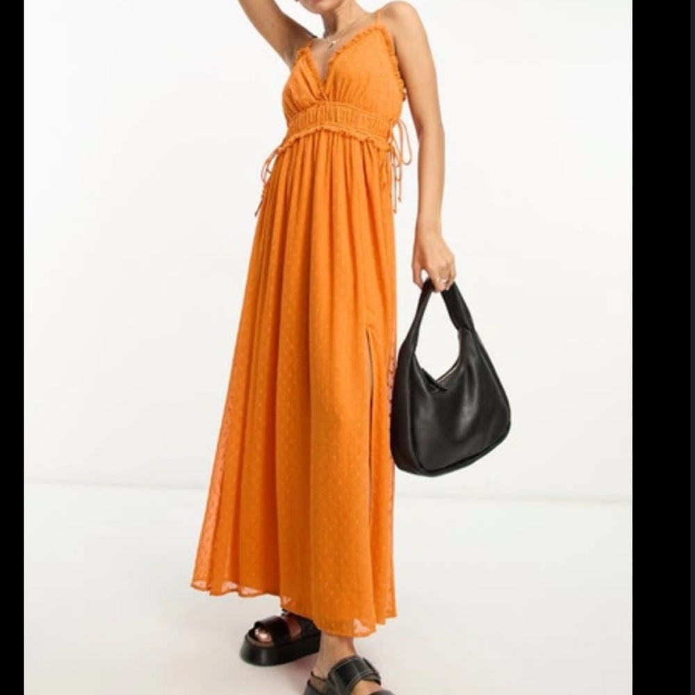 ASOS Orange Frilly Elastic Waist Front Slit Maxi Dress Size 6